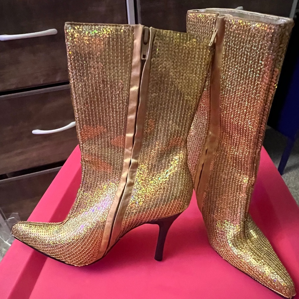 Vintage Anne Michelle gold sequins half calf length boots